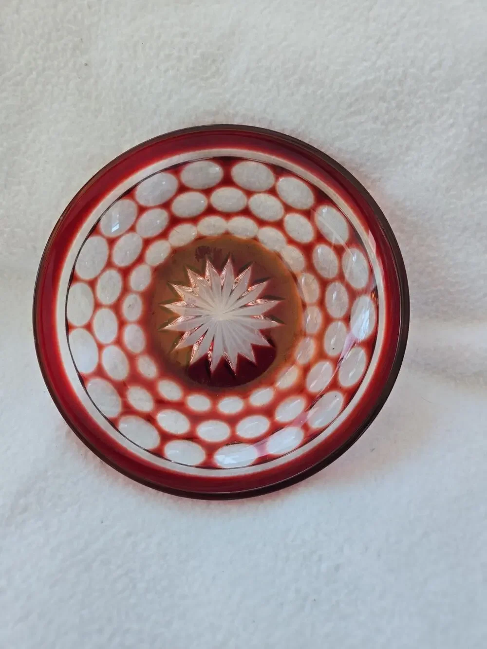 Bohemian Czech Ruby Flash Cut Glass Bowl Starburst Thumbprint 5.5